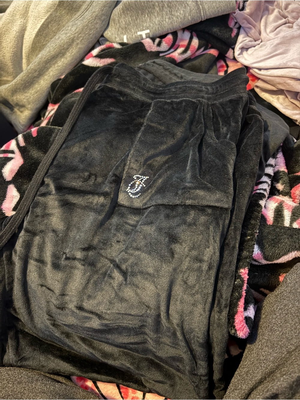 Juicy Couture Black Velour Jogger Pants with Rhinestone J Logo